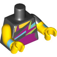 Visuel indicatif Rebrickable de Torse, étrange double bras moulés, violet foncé, bleu moyen, vert citron, couleurs orange clair vif sur le motif imprimé chemise noire, motif de manches noires gauche, bras et mains jaunes (Torso, Odd Dual Molded Arms, Dark Purple, Medium Blue, Lime, Bright Light Orange Colors on Black Shirt Print, Left Black Sleeve Pattern, Yellow Arms and Hands)