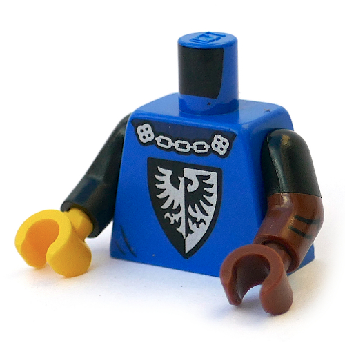 Visuel indicatif Rebrickable de Torse, deux bras moulés impairs, motif imprimé de symbole de faucon noir, motif de manche noir gauche, bras et main brun rougeâtre, bras noir droit, main jaune (Torso, Odd Dual Molded Arms, Black Falcon Symbol Print, Left Black Sleeve Pattern, Reddish Brown Arm and Hand, Right Black Arm, Yellow Hand)