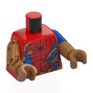 Visuel indicatif Rebrickable de Torse, étrange double bras moulés, déchiré rouge/bleu araignée homme costume, fourrure motif imprimé, gauche bleu manches motif, bras et mains nougat moyen (Torso, Odd Dual Molded Arms, Torn Red/Blue Spider Man Suit, Fur Print, Left Blue Sleeve Pattern, Medium Nougat Arms and Hands)