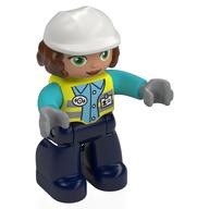 Visuel indicatif Rebrickable de Figurine Duplo avec casque de construction blanc, cheveux brun rougeâtre, avec gilet jaune vibrant, jambes bleu foncé (Duplo Figure with Construction Helmet White, Reddish Brown Hair, with Vibrant Yellow Vest, Dark Blue Legs)