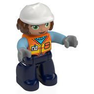 Visuel indicatif Rebrickable de Figurine Duplo avec casque de construction cheveux bruns blancs et rougeâtres, jambes bleu foncé, gilet de sécurité imprimé (Duplo Figure with Construction Helmet White and Reddish Brown Hair, Dark Blue Legs, Safety Vest Print)