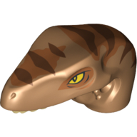 Visuel indicatif Rebrickable de Partie du corps animal, dinosaure, tête de rapace avec dents beige et motif imprimé rayures orange foncé et brun foncé (Animal Body Part, Dinosaur, Raptor Head with Tan Teeth and Dark Orange and Dark Brown Stripes Print)