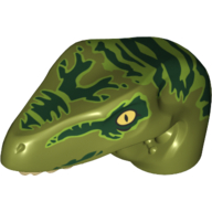 Visuel indicatif Rebrickable de Partie du corps animal, dinosaure, tête de raptor avec des dents beige et des rayures vert foncé sur motif imprimé de vert citron (Animal Body Part, Dinosaur, Raptor Head with Tan Teeth and Dark Green Stripes over Lime Print)