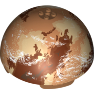 Visuel indicatif Rebrickable de Dôme hémisphère 11 x 11 avec 2 x 2 tenons sur le dessus et Tatooine marron / orange planète motif imprimé (Dome Hemisphere 11 x 11 with 2 x 2 Studs on Top and Tatooine Brown / Orange Planet Print)