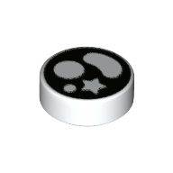Visuel indicatif Rebrickable de Tuile ronde 1 x 1 avec des formes blanches, motif imprimé fond noir (Tile Round 1 x 1 with White Shapes, Black Background Print)
