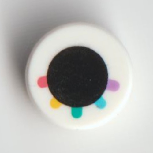 Visuel indicatif Rebrickable de Tuile ronde 1 x 1 avec cercle/œil noir, lavande/azur moyen/turquoise foncée/orange clair clair/cils coraux imprimés (Tile Round 1 x 1 with Black Circle/Eye, Lavender/Medium Azure/Dark Turquoise/Bright Light Orange/Coral Eyelashes Print)