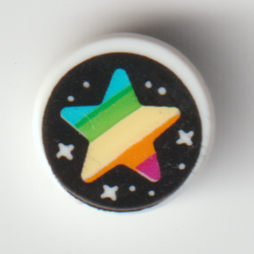 Visuel indicatif Rebrickable de Tuile ronde 1 x 1 avec étoile arc-en-ciel sur noir ciel étoilé motif imprimé (Tile Round 1 x 1 with Rainbow Star on Black Starry Sky Print)