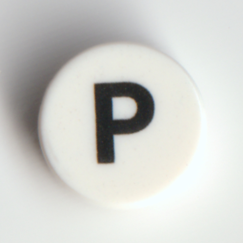 Visuel indicatif Rebrickable de Tuile ronde 1 x 1 avec motif imprimé noir 'P' (Tile Round 1 x 1 with Black 'P' Print)