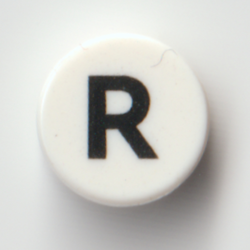 Visuel indicatif Rebrickable de Tuile ronde 1 x 1 avec motif imprimé noir 'R' (Tile Round 1 x 1 with Black 'R' Print)