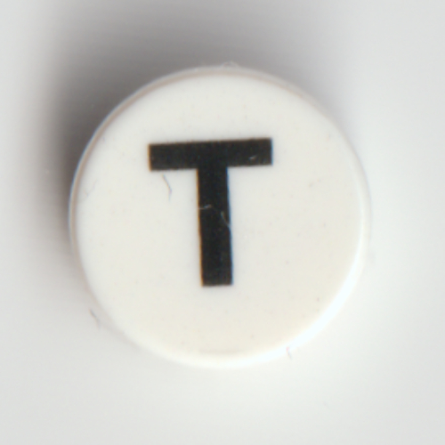 Visuel indicatif Rebrickable de Tuile ronde 1 x 1 avec motif imprimé noir 'T' (Tile Round 1 x 1 with Black 'T' Print)