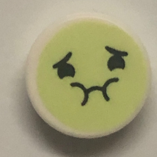 Visuel indicatif Rebrickable de Tuile ronde 1 x 1 avec motif Queasy Face vert jaunâtre (Tile Round 1 x 1 with Yellowish Green Queasy Face Print)