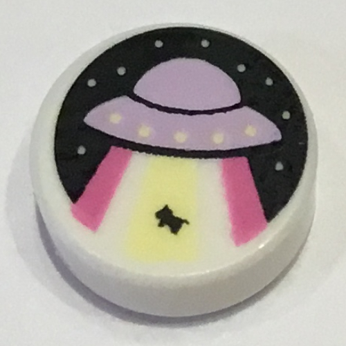 Visuel indicatif Rebrickable de Tuile ronde 1 x 1 avec ovni lavande, motif imprimé Rayon d'enlèvement (Tile Round 1 x 1 with Lavender UFO, Abduction Ray Print)