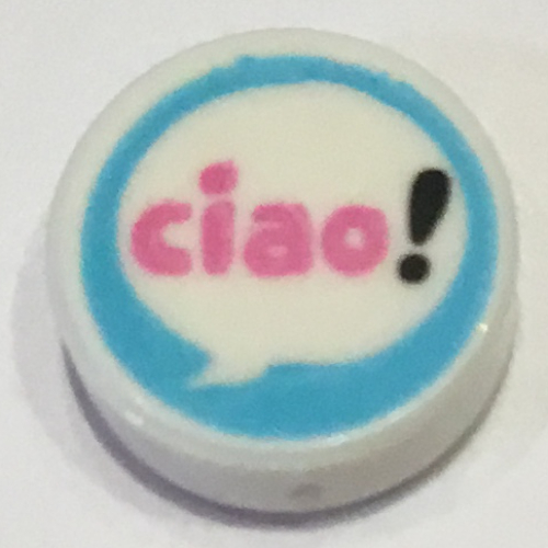 Visuel indicatif Rebrickable de Tuile ronde 1 x 1 avec bulle de parole, rose foncé 'ciao!' sur fond azur moyen (Tile Round 1 x 1 with Speech Bubble, Dark Pink 'ciao!' on Medium Azure Background Print)