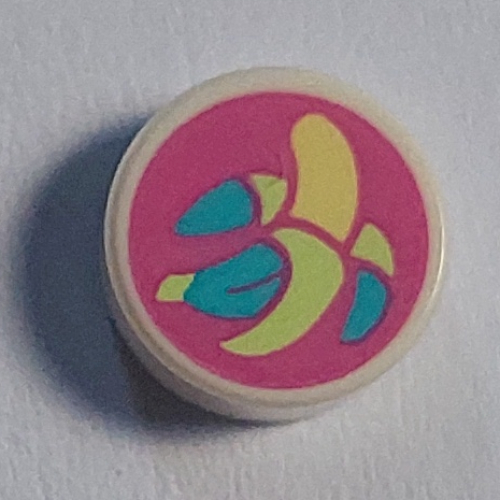 Visuel indicatif Rebrickable de Tuile ronde 1 x 1 avec motif imprimé jaune/vert jaune/turquoise foncée sur fond rose foncé (Tile Round 1 x 1 with Yellow/Yellowish Green/Dark Turquoise Banana on Dark Pink Background Print)