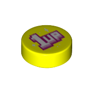 Visuel indicatif Rebrickable de Tuile ronde 1 x 1 avec motif imprimé blanc/rose '1 UP' (Tile Round 1 x 1 with White/Pink '1 UP' Print)