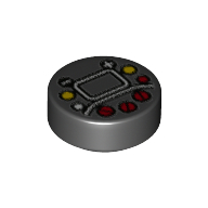 Visuel indicatif Rebrickable de Tuile ronde 1 x 1 avec écran, boutons rouges/jaunes/noirs/commandes de direction (Tile Round 1 x 1 with Screen, Red/Yellow/Black Buttons/Racing Steer Controls Print)