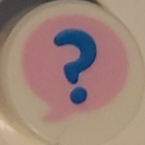 Visuel indicatif Rebrickable de Tuile ronde 1 x 1 avec le point d'interrogation bleu dans le modèle imprimé de bulle de discours rose vif (Tile Round 1 x 1 with Blue Question Mark in Bright Pink Speech Bubble Print)