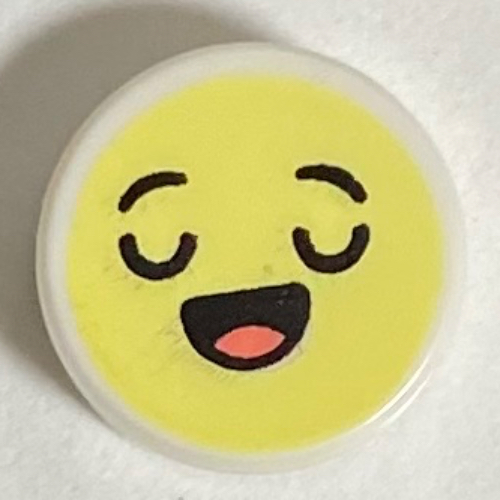 Visuel indicatif Rebrickable de Tuile ronde 1 x 1 avec smiley, yeux fermés moitié bouche ouverte motif imprimé (Tile Round 1 x 1 with Smiley, Closed Eyes Half Open Mouth Print)