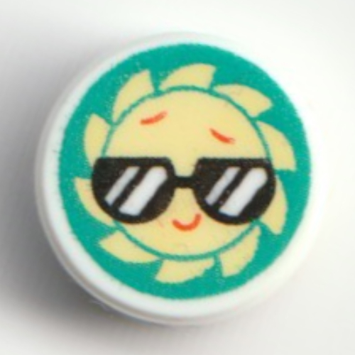 Visuel indicatif Rebrickable de Tuile ronde 1 x 1 avec soleil avec lunettes de soleil sur fond turquoise foncé motif imprimé (Tile Round 1 x 1 with Sun with Sunglasses on Dark Turquoise Background Print)
