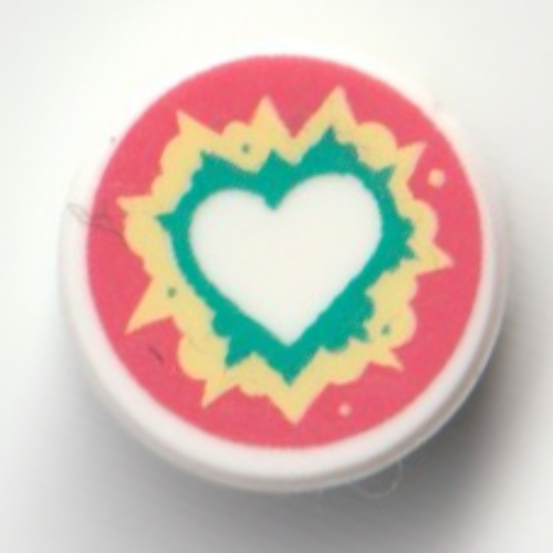 Visuel indicatif Rebrickable de Tuile ronde 1 x 1 avec cœur, Turquoise foncée, contour jaune clair vif, motif imprimé fond corail (Tile Round 1 x 1 with Heart, Dark Turquoise, Bright Light Yellow Outline, Coral Background Print)