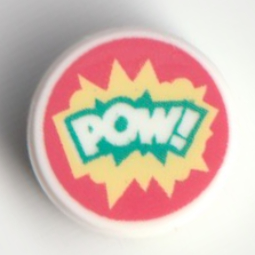 Visuel indicatif Rebrickable de Tuile ronde 1 x 1 avec motif imprimé 'POW', Turquoise foncée/Jaune clair sur fond corail (Tile Round 1 x 1 with 'POW', Dark Turquoise/Bright Light Yellow Outline on Coral Background Print)