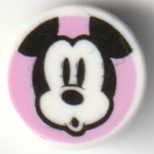 Visuel indicatif Rebrickable de Tuile ronde 1 x 1 avec souris mickey, surpris sur fond rose vif motif imprimé (Tile Round 1 x 1 with Mickey Mouse, Surprised on Bright Pink Background Print)