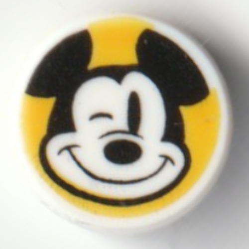 Visuel indicatif Rebrickable de Tuile ronde 1 x 1 avec la souris mickey, clin d'œil sur fond orange clair vif motif imprimé (Tile Round 1 x 1 with Mickey Mouse, Wink on Bright Light Orange Background Print)