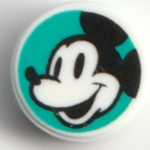 Visuel indicatif Rebrickable de Tuile ronde 1 x 1 avec souris mickey, de côté sur fond turquoise foncé motif imprimé (Tile Round 1 x 1 with Mickey Mouse, From Side on Dark Turquoise Background Print)