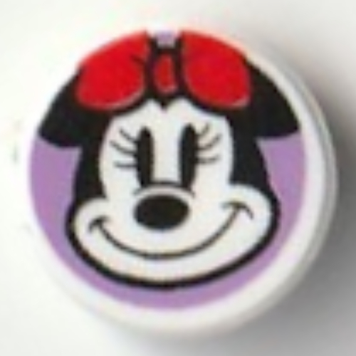 Visuel indicatif Rebrickable de Tuile ronde 1 x 1 avec la souris minnie, sourire sur fond lavande motif imprimé (Tile Round 1 x 1 with Minnie Mouse, Smile on Lavender Background Print)