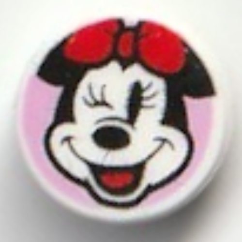 Visuel indicatif Rebrickable de Tuile ronde 1 x 1 avec la souris minnie, clin d'œil sur fond rose vif motif imprimé (Tile Round 1 x 1 with Minnie Mouse, Wink on Bright Pink Background Print)