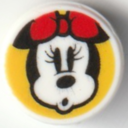 Visuel indicatif Rebrickable de Tuile ronde 1 x 1 avec la souris minnie, surpris sur fond orange clair vif motif imprimé (Tile Round 1 x 1 with Minnie Mouse, Surprised on Bright Light Orange Background Print)