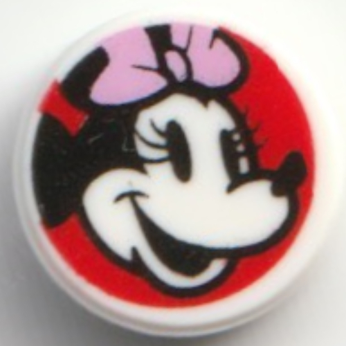 Visuel indicatif Rebrickable de Tuile ronde 1 x 1 avec la souris minnie, latéralement sur fond rouge motif imprimé (Tile Round 1 x 1 with Minnie Mouse, Sideways on Red Background Print)