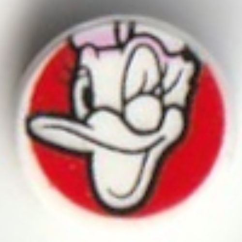 Visuel indicatif Rebrickable de Tuile ronde 1 x 1 avec canard marguerite, clin d'œil sur fond rouge motif imprimé (Tile Round 1 x 1 with Daisy Duck, Wink on Red Background Print)