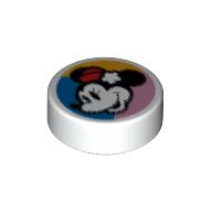 Visuel indicatif Rebrickable de Tuile ronde 1 x 1 avec la souris minnie sur fond bleu foncé/orange clair motif imprimé (Tile Round 1 x 1 with Minnie Mouse on Dark Turquoise/Blue/Bright Light Orange Background Print)