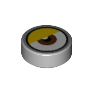 Tuile ronde 1 x 1 avec centre de l'œil brun rougeâtre, paupière jaune, bordure argentée (point blanc près de la paupière) imprimé (Tile Round 1 x 1 with Reddish Brown Eye Center, Yellow Eyelid, Silver Border (White Dot Close to Eyelid) Print)