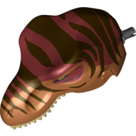 Visuel indicatif Rebrickable de Partie du corps animal, dinosaure, tête de Tyrannosaurus Rex avec connecteur, dents beige, dessus rouge foncé et motif imprimé rayures marron foncé (Animal Body Part, Dinosaur, Tyrannosaurus Rex Head with Pin, Tan Teeth, Dark Red Top and Dark Brown Stripes Print)