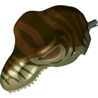 Visuel indicatif Rebrickable de Partie du corps animal, dinosaure, tête de Tyrannosaurus Rex avec connecteur, dents beige, dessus brun rougeâtre et motif imprimé rayures brun foncé (Animal Body Part, Dinosaur, Tyrannosaurus Rex Head with Pin, Tan Teeth, Reddish Brown Top and Dark Brown Stripes Print)