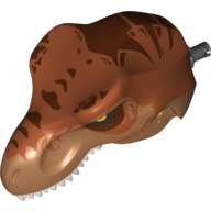 Visuel indicatif Rebrickable de Partie du corps animal, dinosaure, tête de Tyrannosaurus Rex avec connecteur, dents blanches, dessus orange foncé et motif imprimé rayures marron foncé (Animal Body Part, Dinosaur, Tyrannosaurus Rex Head with Pin, White Teeth, Dark Orange Top and Dark Brown Stripes Print)