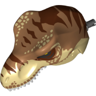 Visuel indicatif Rebrickable de Partie du corps animal, dinosaure, tête de Tyrannosaurus Rex avec connecteur, haut beige foncé et motif imprimé rayures brun rougeâtre (Animal Body Part, Dinosaur, Tyrannosaurus Rex Head with Pin, Dark Tan Top and Reddish Brown Stripes Print)