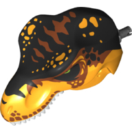 Visuel indicatif Rebrickable de Partie du corps animal, dinosaure, tête de Tyrannosaurus Rex avec connecteur, dents blanches, dessus noir et orange foncé et motif imprimé taches orange noir et lumineux (Animal Body Part, Dinosaur, Tyrannosaurus Rex Head with Pin, White Teeth, Black and Dark Orange Top and Black and Bright Light Orange Spots Print)