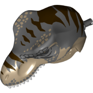 Visuel indicatif Rebrickable de Partie du corps animal, dinosaure, tête de Tyrannosaurus Rex avec connecteur, dents gris clair, dessus gris foncé et motif imprimé rayures brun foncé (Animal Body Part, Dinosaur, Tyrannosaurus Rex Head with Pin, Light Bluish Grey Teeth, Dark Bluish Gray Top and Dark Brown Stripes Print)
