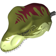 Visuel indicatif Rebrickable de Partie du corps animal, dinosaure, tyrannosaure rex tête avec connecteur, dents blanches, dessus vert olive et rayures rouge foncé imprimé (Animal Body Part, Dinosaur, Tyrannosaurus Rex Head with Pin, White Teeth, Olive Green Top and Dark Red Stripes Print)