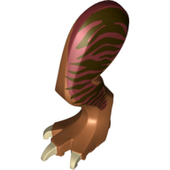 Visuel indicatif Rebrickable de Partie du corps animal, Dinosaure, Tyrannosaurus Rex Leg, gauche, avec connecteur, Ongles beige et rayures brun foncé sur motif imprimé rouge foncé (Animal Body Part, Dinosaur, Tyrannosaurus Rex Leg, Left, with Pin, Tan Nails and Dark Brown Stripes on Dark Red Print)