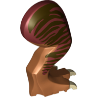 Visuel indicatif Rebrickable de Partie du corps animal, Dinosaure, Tyrannosaurus Rex Jambe, à droite, avec connecteur, griffes beige et rayures brun foncé sur motif imprimé rouge foncé (Animal Body Part, Dinosaur, Tyrannosaurus Rex Leg, Right, with Pin, Tan Claws and Dark Brown Stripes on Dark Red Print)
