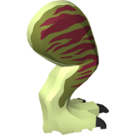 Visuel indicatif Rebrickable de Partie du corps animal, Dinosaure, Tyrannosaurus Rex Leg, à droite, avec connecteur Marquages rouge foncé sur motif imprimé vert olive (Animal Body Part, Dinosaur, Tyrannosaurus Rex Leg, Right, with Pin Dark Red Markings on Olive Green Print)