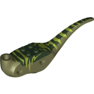 Visuel indicatif Rebrickable de Partie du corps d'animal, dinosaure, corps de rapace avec le dessus vert foncé avec le motif imprimé de rayures de vert citron (Animal Body Part, Dinosaur, Raptor Body with Dark Green Top with Lime Stripes Print)