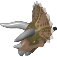Visuel indicatif Rebrickable de Partie du corps animal, Dinosaure, Tête de tricératops avec cornes gris clair et dessus brun rougeâtre avec motif imprimé brun foncé (Animal Body Part, Dinosaur, Triceratops Head with Light Bluish Gray Horns and Reddish Brown Top with Dark Brown Print)