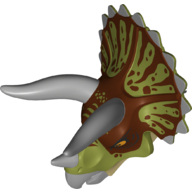 Visuel indicatif Rebrickable de Partie du corps animal, Dinosaure, Tête de tricératops avec brin brun rougeâtre et vert olive, Cornes gris bleuté clair (Animal Body Part, Dinosaur, Triceratops Head with Reddish Brown and Olive Green Brindle, Light Bluish Gray Horns)