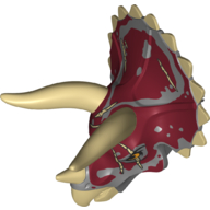 Visuel indicatif Rebrickable de Partie du corps animal, Dinosaure, Tête de tricératops avec rouge foncé et brun gris foncé, Cornes brunes (Animal Body Part, Dinosaur, Triceratops Head with Dark Red and Dark Bluish Grey Brindle, Tan Horns)