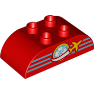 Visuel indicatif Rebrickable de Duplo brique 2 x 4 sommet incurvé avec avion volant autour du globe logo motif imprimé (Duplo Brick 2 x 4 Curved Top with Plane Flying Around Globe Logo Print)